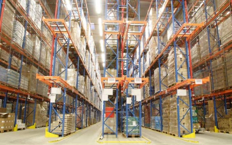 Large warehouse with organized shelving units