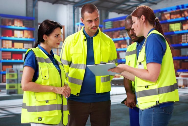 Workers discussing in a warehouse setting.