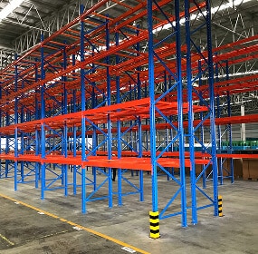 Colorful industrial storage shelving units