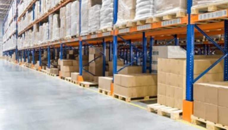 Warehouse shelves filled with boxes.