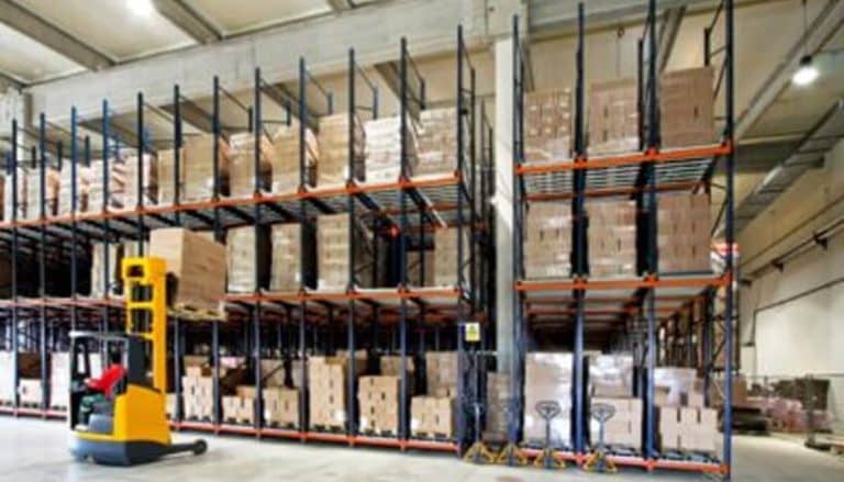 Warehouse shelves filled with boxes