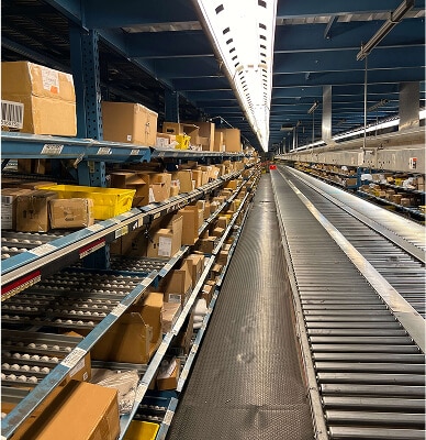 Warehouse shelves filled with packages.