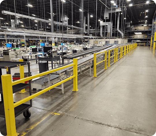 Empty warehouse with yellow safety barriers.