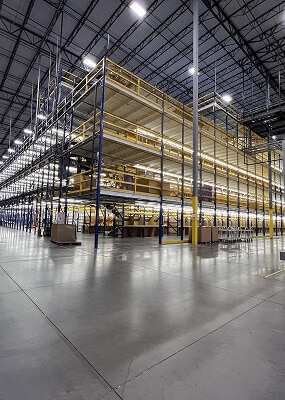 Large warehouse with shelving units