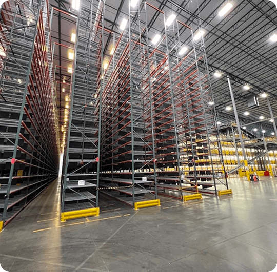 Large warehouse with tall shelving units