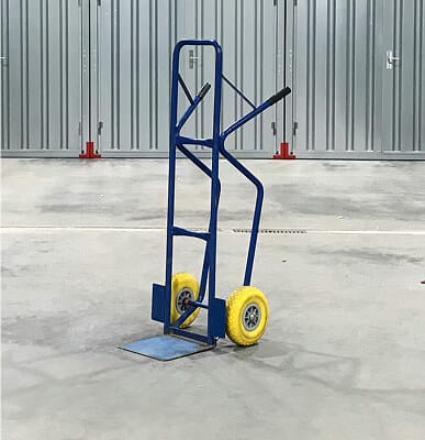 Blue hand truck with yellow wheels