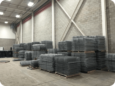 Stacks of metal shelving units