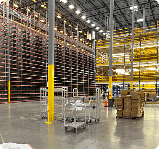 Warehouse with shelves and carts