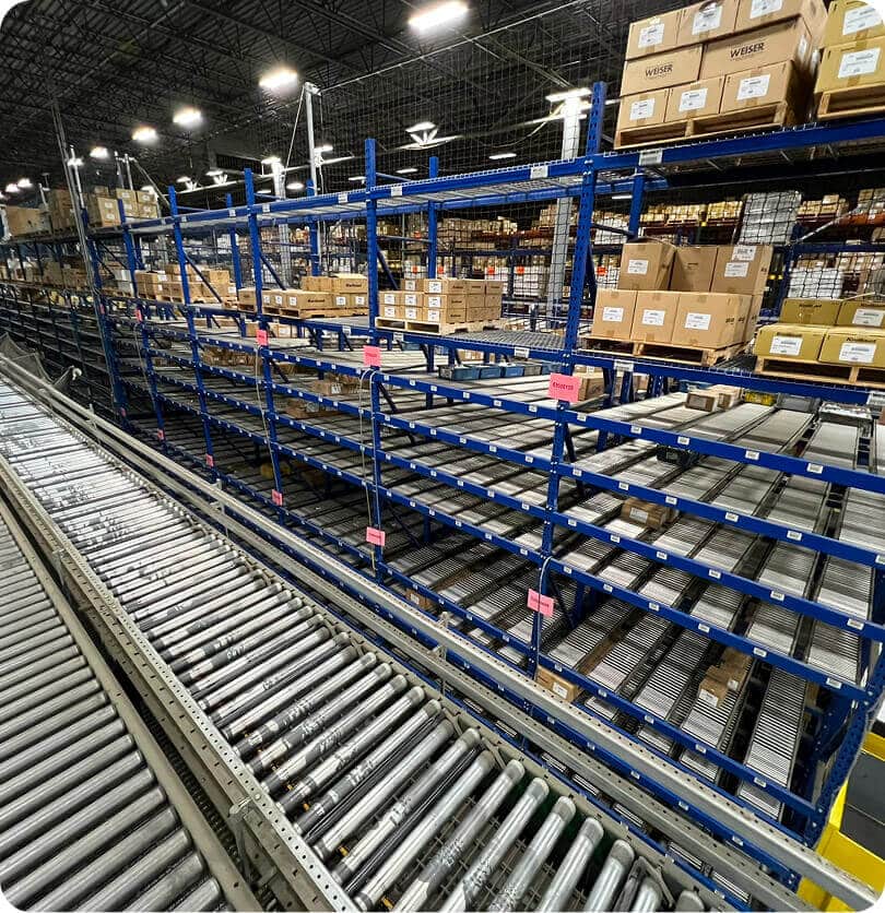 Warehouse shelves filled with products.