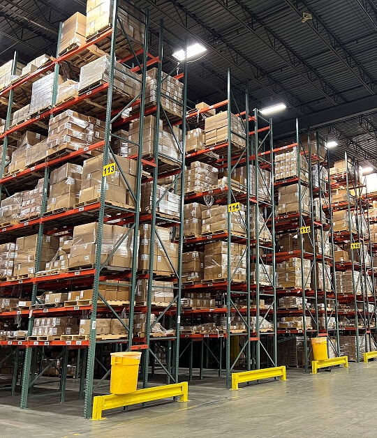 Tall shelves filled with stacked boxes