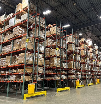 Large warehouse filled with stacked boxes