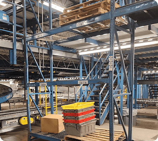 Warehouse shelving with storage containers.