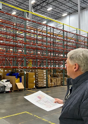 Warehouse with shelves and inventory management