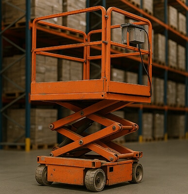Orange scissor lift in warehouse