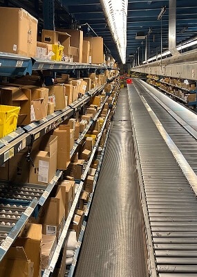 Warehouse shelves filled with packages