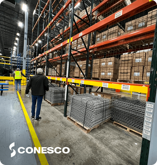 Warehouse with stacked boxes and shelves