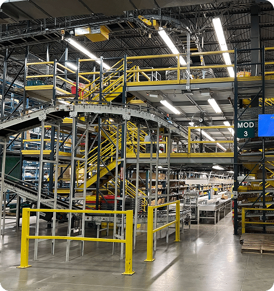 Industrial warehouse with multi-level shelving