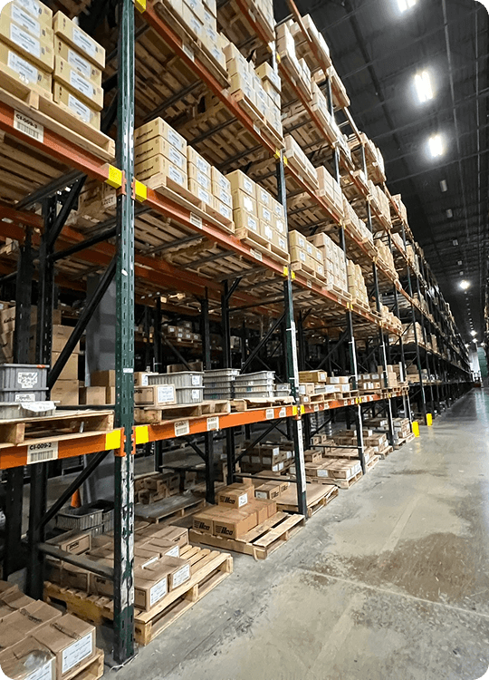 Large warehouse with stacked pallets