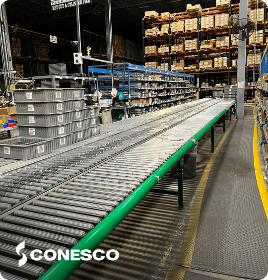 Long conveyor belt in warehouse