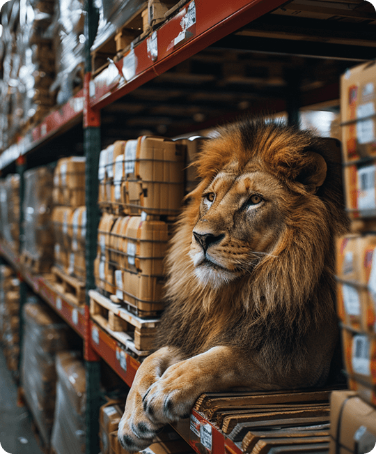 Lion resting in a warehouse