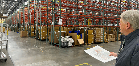 Warehouse with shelves and boxes