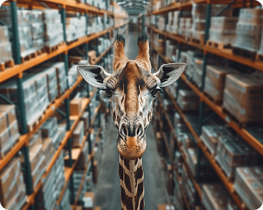 Giraffe in a warehouse aisle.