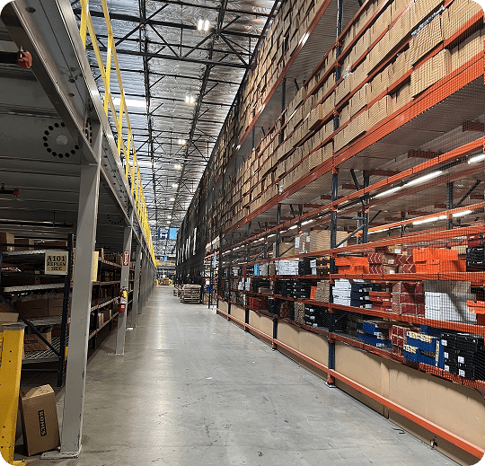 Warehouse shelves filled with boxes.